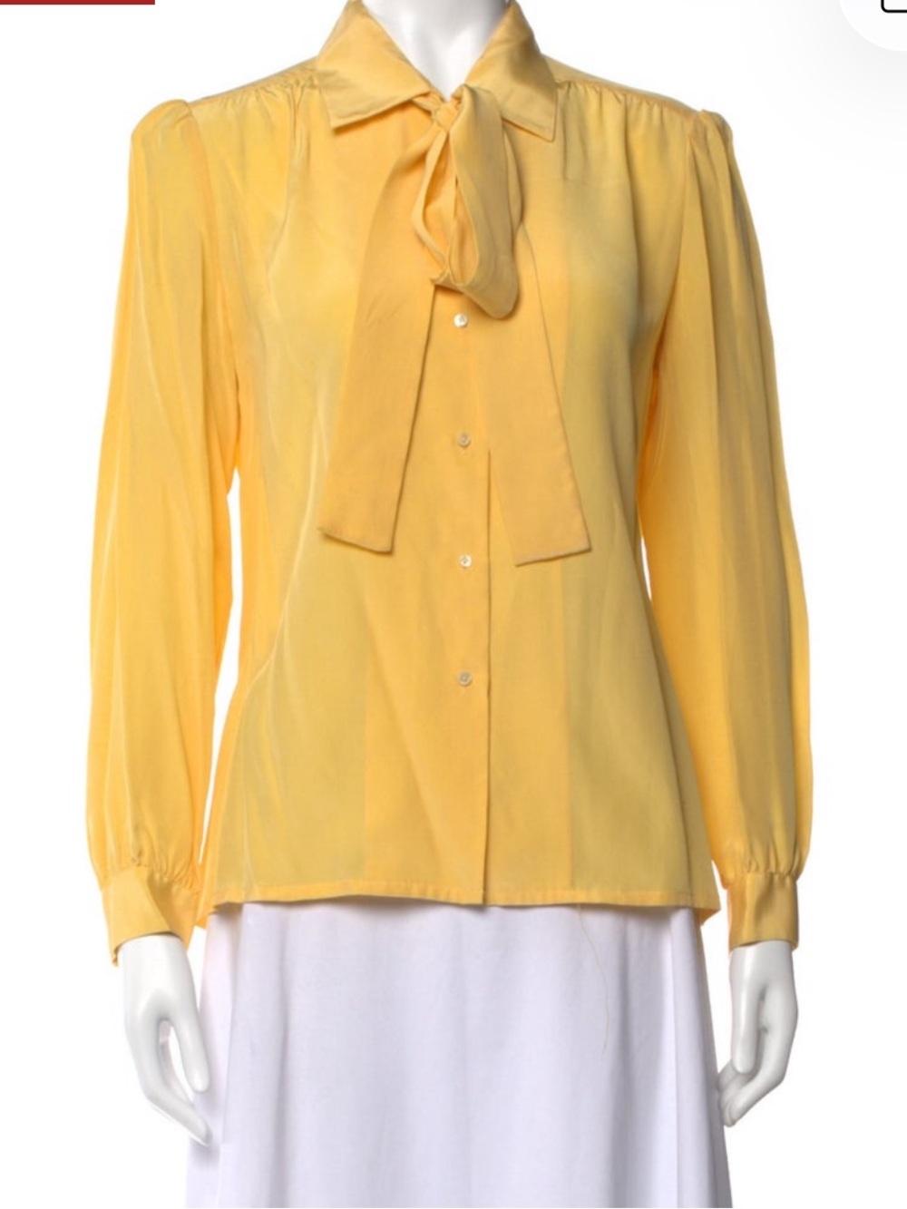Neiman Marcus Yellow Silk Tie-Neck Blouse